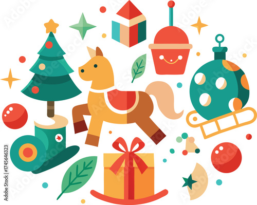 Collection of Christmas Toys and Decorations on White Background