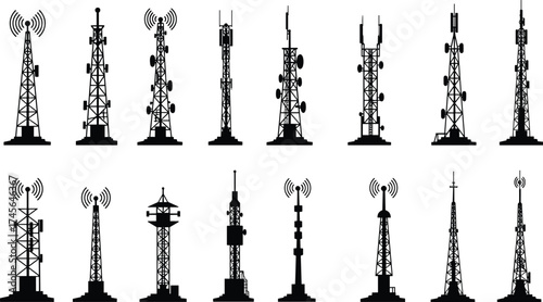 Communication towers, telecommunication masts, signal antennas, satellite dishes, broadcasting towers, mobile network infrastructure, wireless technology, 