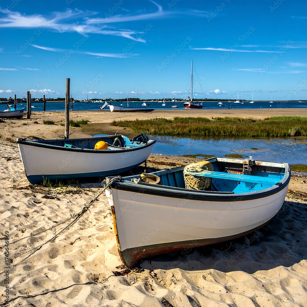 Fototapeta premium Two rowboats on a sandy beach with calm waters