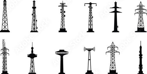 Communication towers, transmission pylons, observation towers, water towers, industrial chimneys, rocket towers, telecommunication masts, energy 