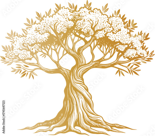 Elegant golden illustration of a majestic, ancient olive tree with intricate branches golden tree