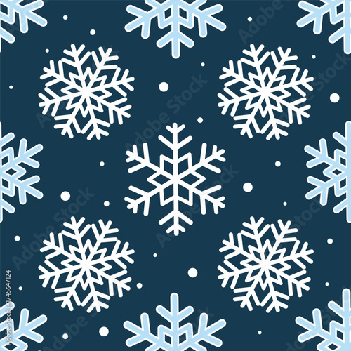Seamless snowflake pattern, white, navy and ice blue color palette with silver accents