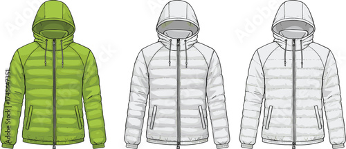 Front view hooded puffer jacket color variations, quilted winter coat, fashion flat sketch, technical apparel drawing, cad drawing flat vector illustration