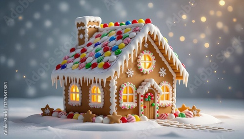 Gingerbread house with christmas decoration on bokeh background