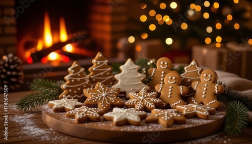 Christmas gingerbread cookies on a wooden board with a burning fireplace in the background