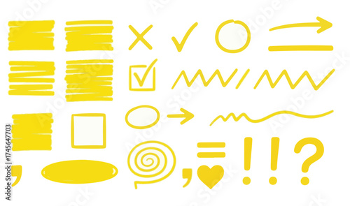 Bright yellow hand drawn accents including checkmarks, crosses, circles, arrows, wavy lines, and punctuation for highlighting ideas and emphasis
