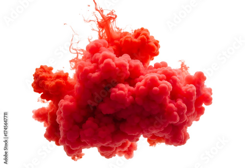 Explosive burst of vivid red smoke or ink diffusing in water, creating dynamic abstract patterns