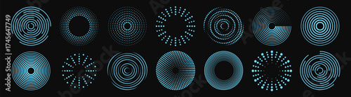 Set of futuristic circular elements composed of glowing blue spirals, concentric lines, and halftone dots