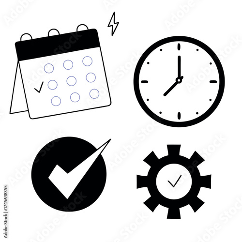 Time Management and Productivity Icons: Calendar, Clock, Checkmark, and Gear Process