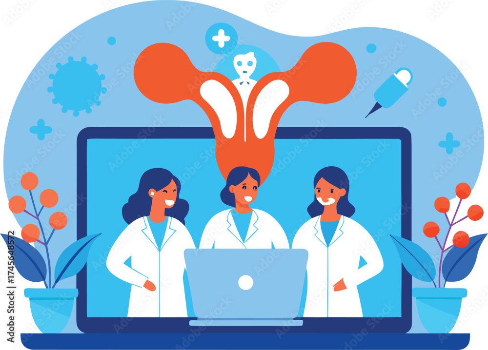 custom made wallpaper toronto digitalThree female doctors in lab coats looking at a laptop with medical graphics healthcare women