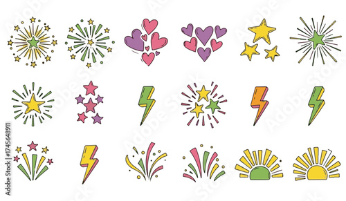 Hand drawn stars, hearts, lightning bolts, and sunbursts create a vibrant and fun design element for youthful branding and cheerful celebrations