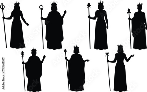 Silhouettes of Royal Queens Wearing Crowns and Holding Scepters, Monarchy, Power, Authority, Female Ruler, Regal, Medieval, Majestic, Historical Figure, Leadership

.
