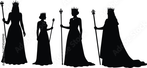 Silhouettes of Royal Queens Wearing Crowns and Holding Scepters, Monarchy, Power, Authority, Female Ruler, Regal, Medieval, Majestic, Historical Figure, Leadership

.