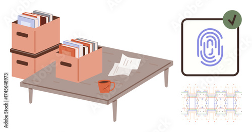 Office table with file boxes, papers, coffee mug, and a digital fingerprint icon. Ideal for security, file management, organization, identity verification, technology data protection workspace