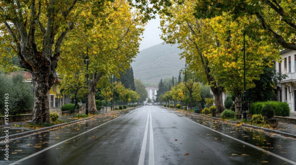 Obraz premium Wet street lined with trees leads towards a mountain overcast day