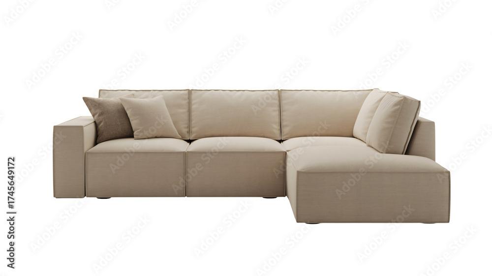 Naklejka premium Modern sectional sofa with neutral tones offers ultimate comfort, perfect for stylish living rooms and inviting family spaces, enhancing home design.