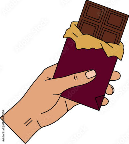 Hand holding rich dark chocolate bar dessert treat vector