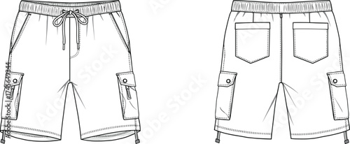 Cargo shorts flat sketch, elastic waistband design, drawstring hem, fashion technical drawing, CAD garment vector, apparel template, clothing illustration, menswear