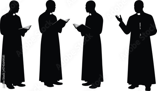 Silhouettes of Priests or Clergymen Reading and Preaching from a Bible, Religion, Christianity, Faith, Sermon, Worship, Ministry, Teaching, Clergy, Holy Book

.