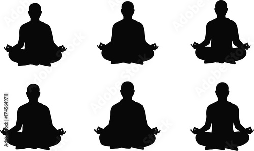 Silhouettes of Meditating Monks or Yogis in Lotus Position, Zen, Spirituality, Mindfulness, Peace, Relaxation, Yoga, Balance, Wellness, Concentration, Calm.