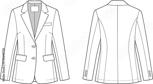Tailored blazer flat sketch, women’s fashion jacket, two button coat, notched lapel design, CAD garment drawing, apparel technical illustration, clothing vector template