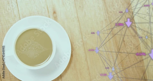 On load network overlay animating nodes shifting around fixed coffee cup visualizing data flow