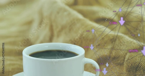 Network graphic fading in beside coffee cup growing data flow updating node percentages for display