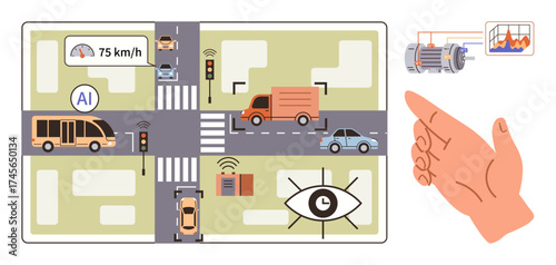 City street crossing with vehicles, AI speed monitoring, signal systems, camera surveillance, data analysis. Ideal for transport optimization, AI tech, safety awareness, smart cities IoT