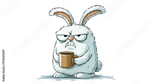Grumpy Bunny Rabbit with Coffee Cup Cartoon Illustration Vector
