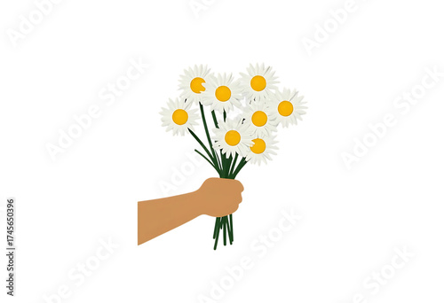 Illustration of a hand holding a bouquet of white daisies with yellow centers, simple and cheerful design
