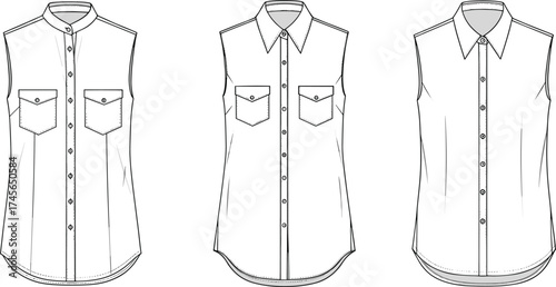 Sleeveless button up shirt flat sketch, mandarin collar blouse, pointed collar top, fashion technical drawing, CAD garment vector, apparel design template