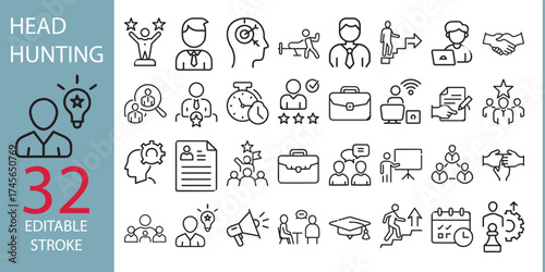 Headhunting icon set. Containing recruitment, employment, hiring, job, career, resume, work group, candidate, HR, business and more. Editable line icons. Vector illustration.