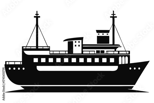 Black Silhouette Illustration of a Passenger Ferry with Two Masts and Multiple Windows