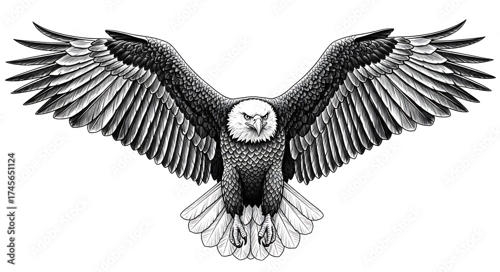Fototapeta premium Detailed sketch of a majestic bald eagle with wings spread wide isolated on white background