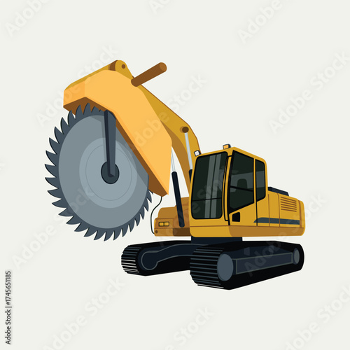 Yellow excavator with a large circular saw attachment vector illustration isolated on white background.