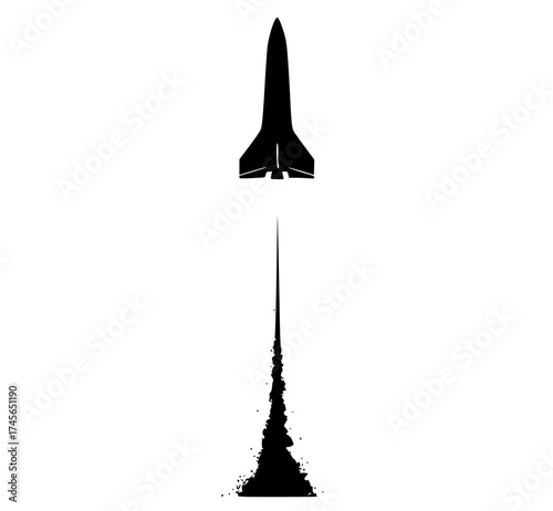 a silhouette of a rocket taking off from a trail of dustblack, fly, missile, rocket, sky, space shuttle, spacecraft, white 