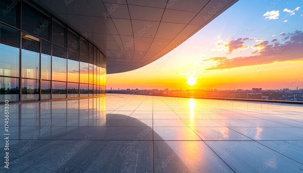 Fototapeta premium Modern building terrace with stunning sunset views over the city skyline.