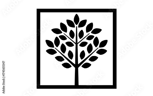 a black and white silhouette of a tree in a square frameblack, branch, frame, icon, illustration, logo, plant, square, symbol, tree, white 