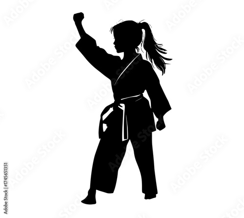 a silhouette of a girl practicing karate, raising her armart, belt, black, girl, karate, kimono, martial, ponytail, profile, robe, woman 