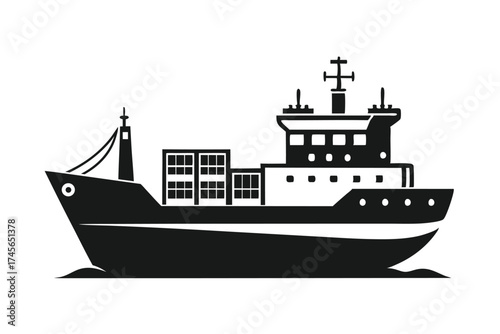 Silhouette illustration of a cargo ship with containers and distinctive super structure on the water