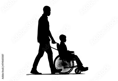a silhouette of a man walking with a child in a wheelchairboy, child, man, person, profile, push, walk, wheelchair 