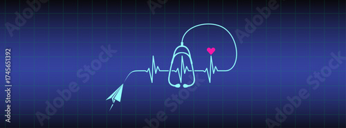 Paper airplane ekg line, heart, stethoscope design on blue lcd background. Healthcare symbol to use for health industry, cardiology, medical care, hospital, health science projects.