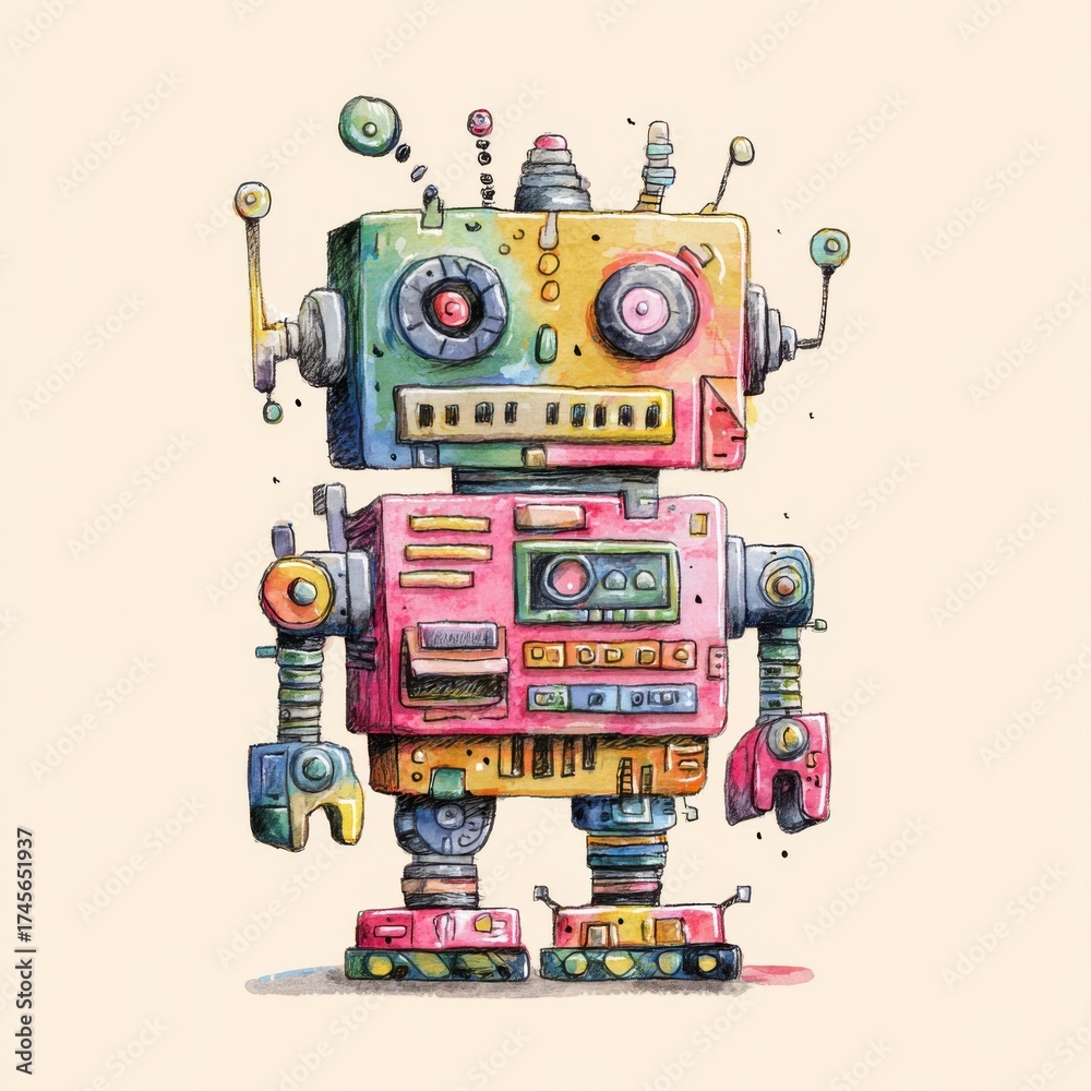 Fototapeta premium Colorful Watercolor Robot Illustration with Detailed Mechanical Design and Artistic Flair.