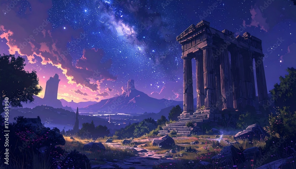 Fototapeta premium Stunning Digital Painting of Ancient Ruins Under a Starry Sky