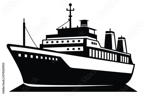 Black and White Illustration of a Cruise Ship with Two Stacks Silhouette