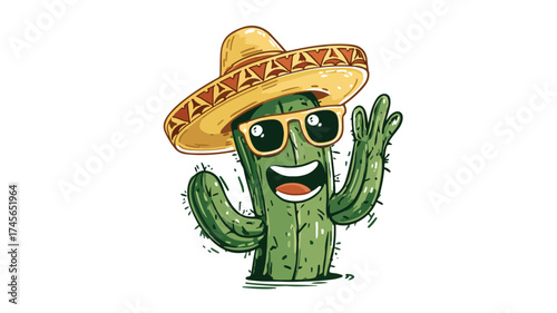 Cheerful Cactus Wearing Sombrero Sunglasses Greeting in Vector Graphic