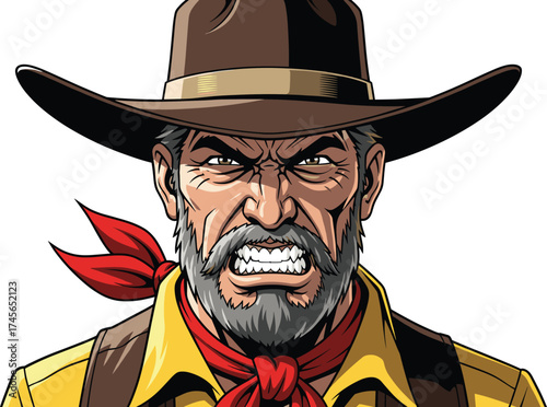 Angry cowboy old western man character portrait, vintage outlaw gunslinger face expression, wild west sheriff style, cad drawing flat vector illustration