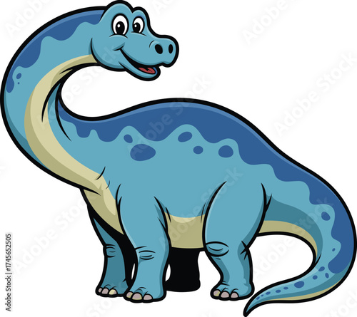 Cute blue dinosaur cartoon illustration, friendly prehistoric animal with long neck, adorable smiling dinosaur character for kids design, educational artwork, vector
