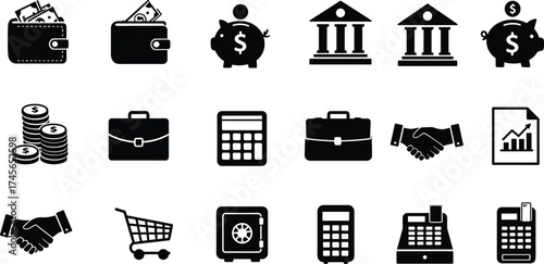 Finance icons, banking icons, business silhouettes, wallet, piggy bank, bank building, calculator, handshake, shopping cart, safe, payment terminal