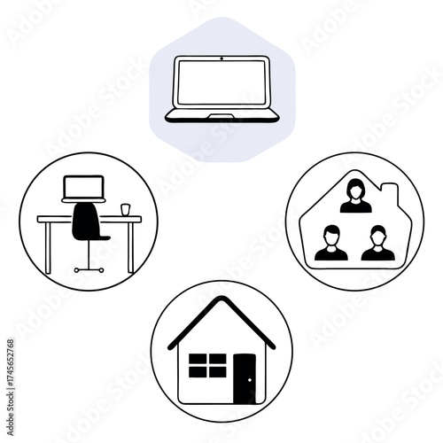 Remote Work and Home Office Concept: Laptop, Workspace, Online Meeting, and House